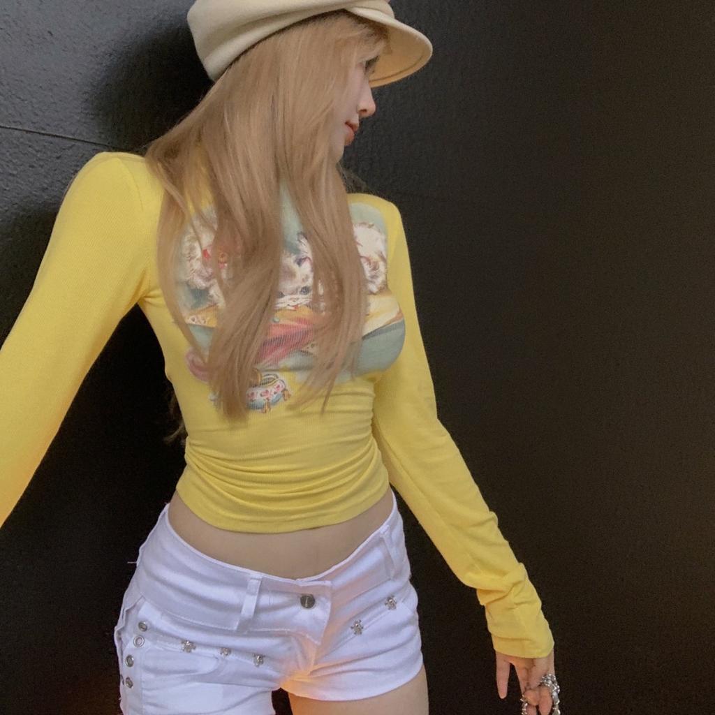 Sweet Sexy Kawaii Cat Print Camisetas Half High Collar Women Vintage Short Tshirts Y2k Slim Waist Crop Tops Skinny Yellow Tees