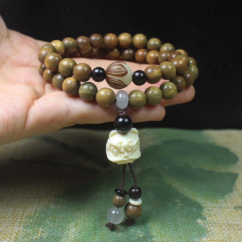 Double Strand Green Sandalwood Lotus Beaded Bracelet Unisex Handheld Wooden Ornament