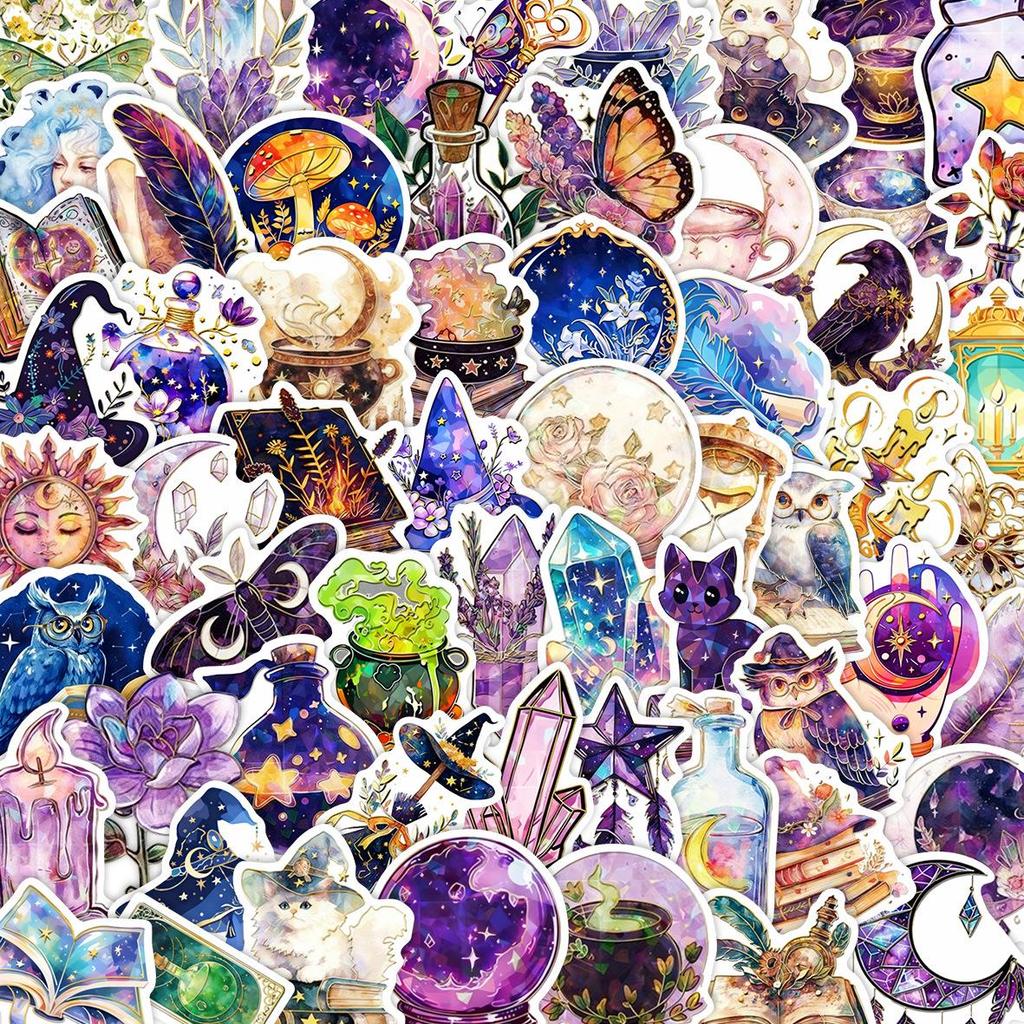 60PCS Cartoon Magic Academy Stickers: Purple Dream Decorations for Guitar, Notebook, Luggage - Waterproof and DIY-ready.