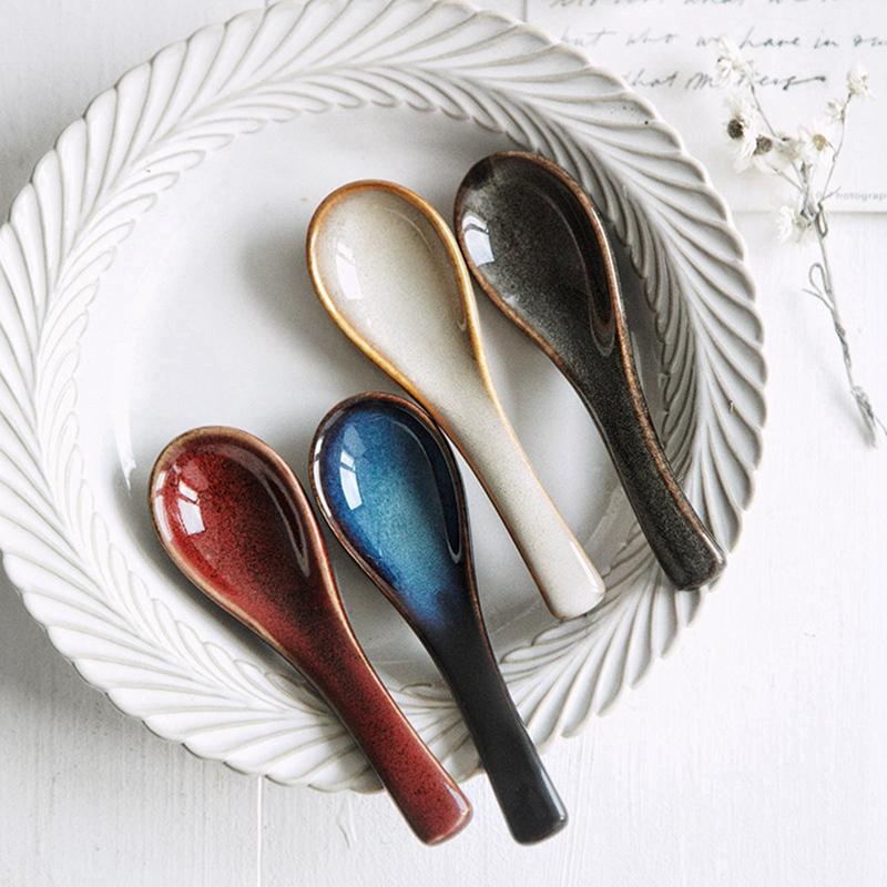 ABNO-4-Piece Spoon, Japanese Style Lamian Noodles Spoon Set, Blue Ceramic Spoon, Retro Porcelain Spoon