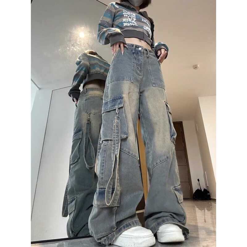 

Small Sexy Style Mop Denim Female Vibe American Retro Multi-Pocket Workwear Pants Stylish Straight-Leg Pants Retro blue Small((145-155)]) XL