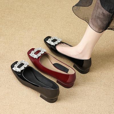 G3760-12 Rhinestone Square Buckle Commuter Shoes Black Single Shoes Women's New Spring and Autumn with Skirt Square Head Evening Shoes Women