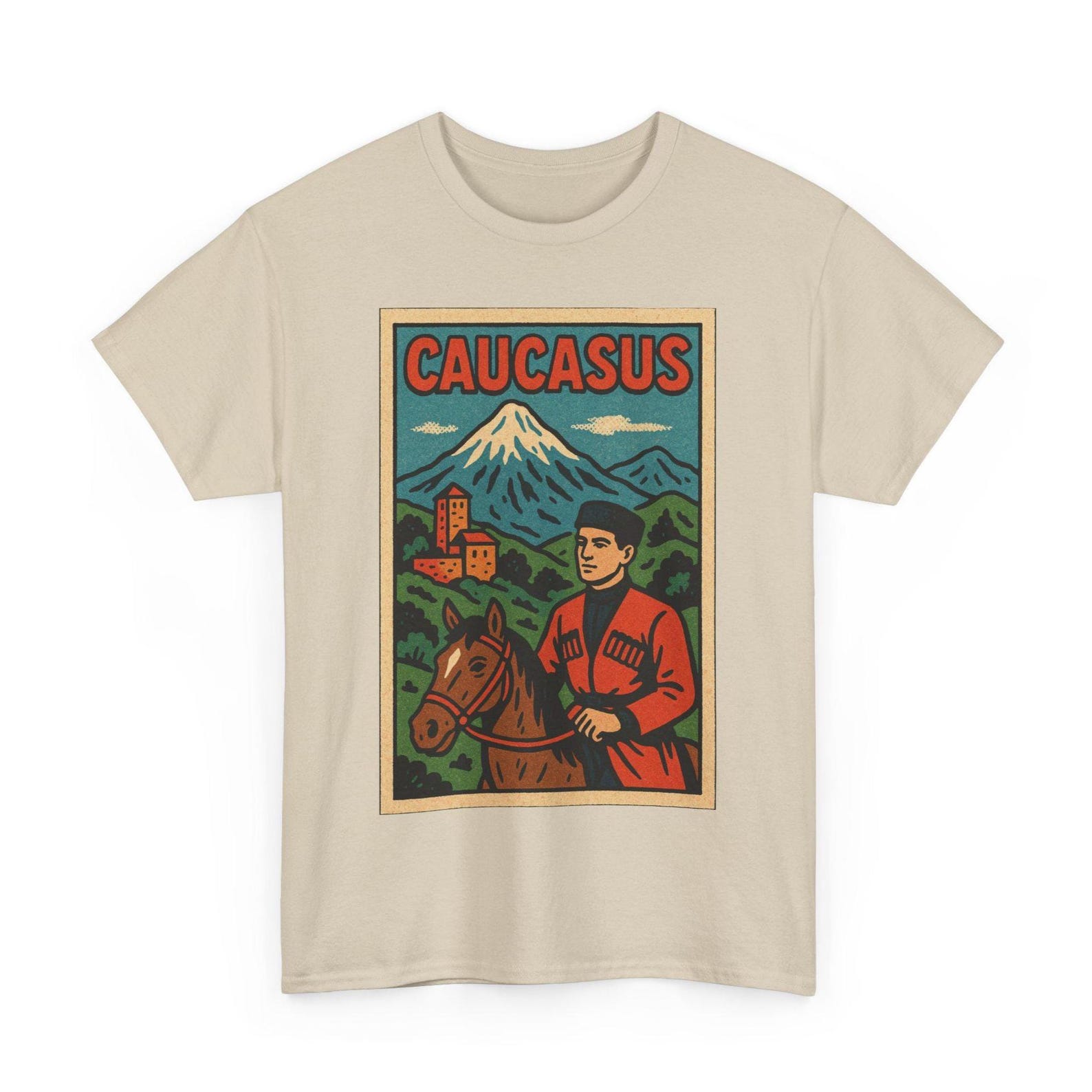 Caucasus T-Shirt: Retro Comic Style Mountain Region Tee for Nature Lovers Cultural Pride 2XL