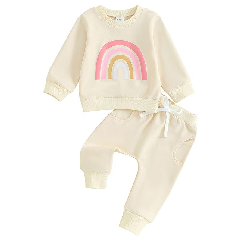 2PCS Baby Girls Fall Outfits Long Sleeve Rainbow Print Sweatshirt + Pants Set Toddler Clothes