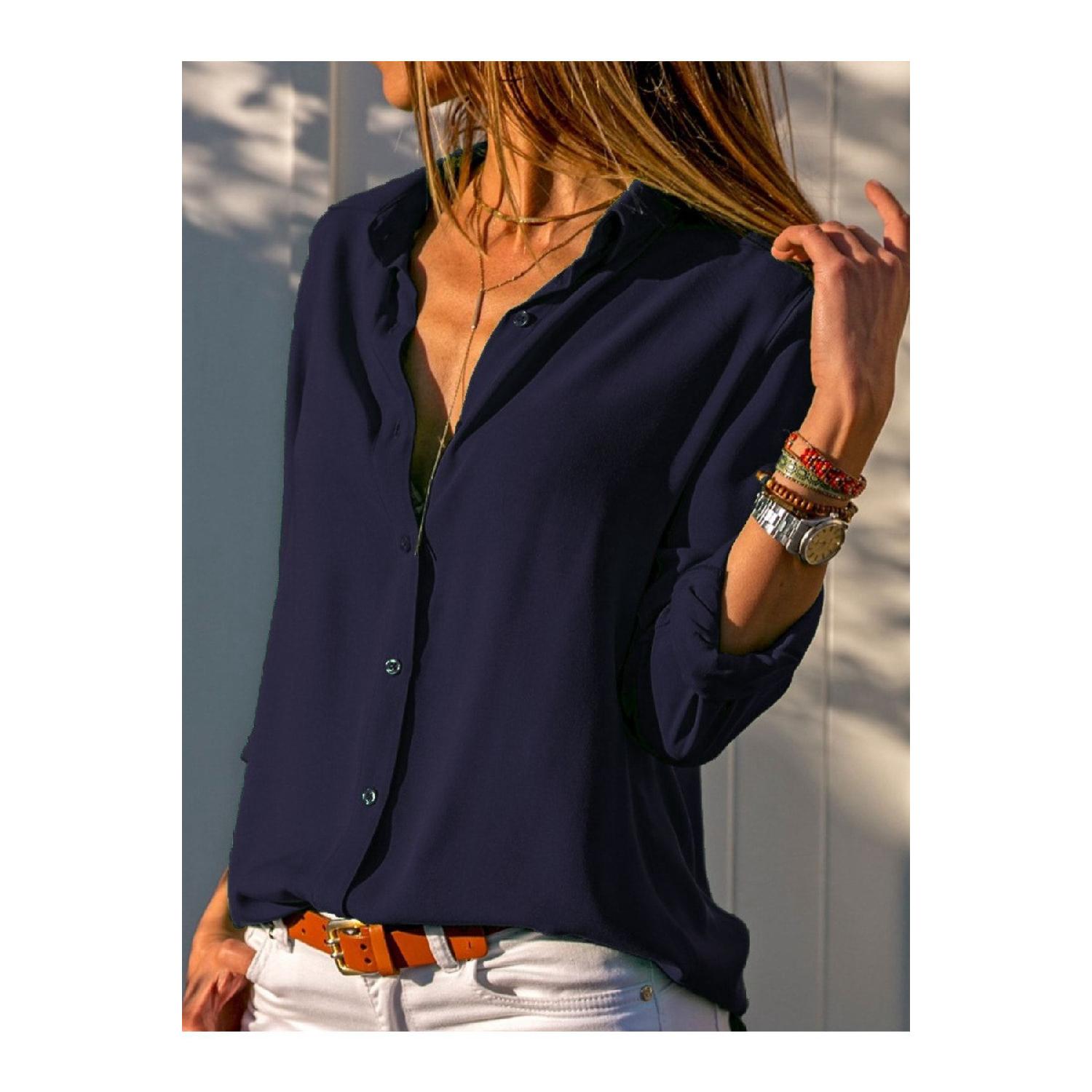 

Женская темно-синяя базовая блузка-рубашка из вискозной ткани стандартного кроя