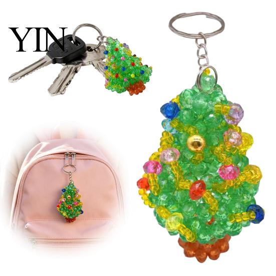 Seasonal Festive Craft Supplies Christmas Tree Keychain, Faux Crystal Beaded Xmas Pendant, Personalized Holiday Party Decor 3D Key Ring Charm