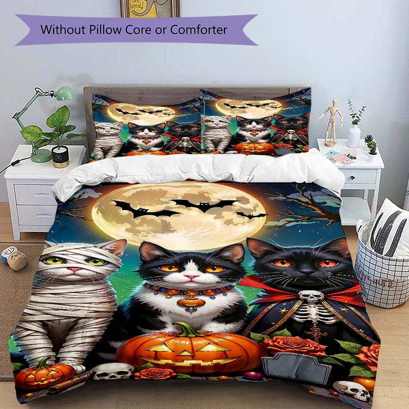 3pcs Halloween Cats Duvet Cover Set, Cover For Bedroom Guest Room (1 Duvet Cover + 2 Pillowcase, Without Quilt),  yy250922130