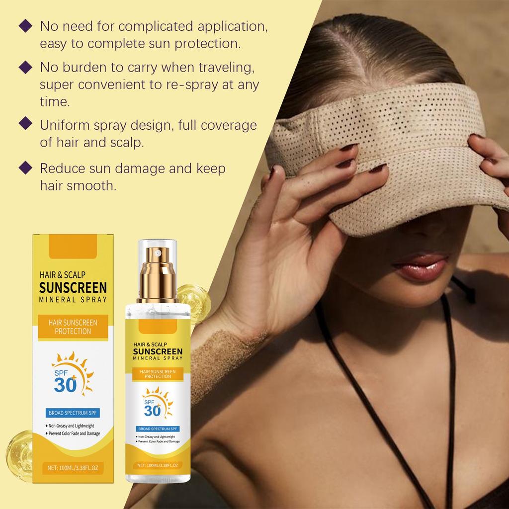 Opalovací krém na vlasy a pokožku hlavy, sprej na ochranu pokožky hlavy s SPF 30, zabraňuje blednutí/vysychání barvy vlasů, vhodný na turistiku/pláž/běh(100 ml