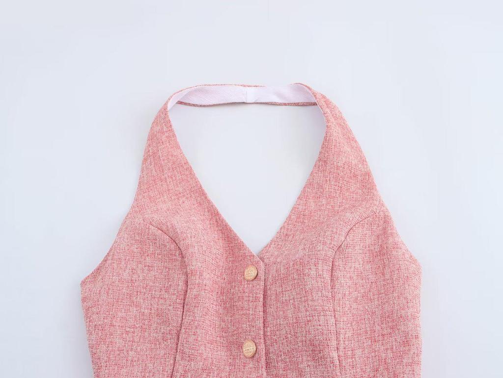 2025 Spring Women's European-American Tweed Patchwork Halter Dress with Pleated Hem