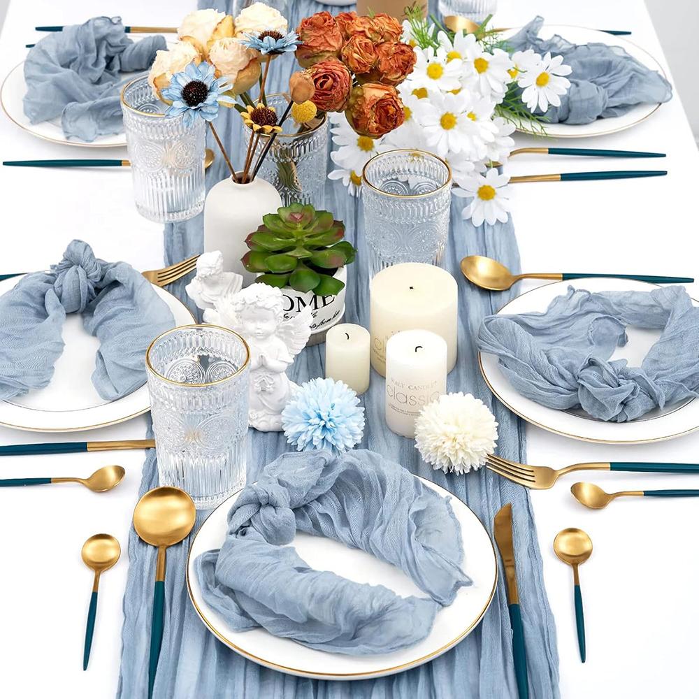 Dusty Blue Gauze Boho Table Runner Rustic Semi Sheer Fabric Cheese Cloth Table Runner Birthday Party Wedding Bridal Shower Decor