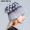 Winter Women's Warm Fashion Beanie Knitted Hat Real Rex Rabbit Fur Hat Knitted with Side Flower Russia Hat