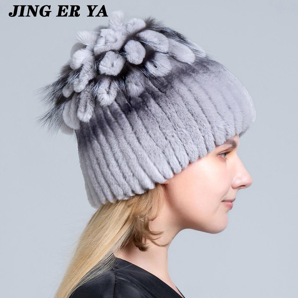 Winter Women's Warm Fashion Beanie Knitted Hat Real Rex Rabbit Fur Hat Knitted with Side Flower Russia Hat