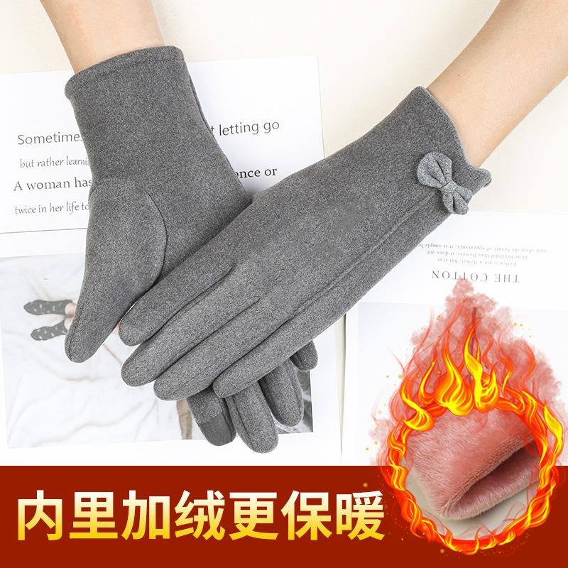 Warm gloves women's velvet thickened cold-proof outdoor riding fashion cute bow autumn and winter gloves