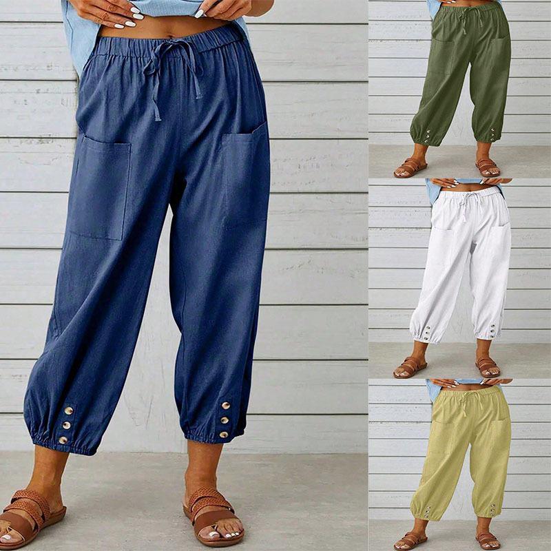 2026 Loose High-Waisted Buttoned Cotton Linen Wide-Leg Nine-Point Women's Pants