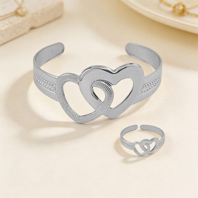 European & American Heart Ring and Bracelet Set: Korean Style, Open, Simple, Unique Design for Women