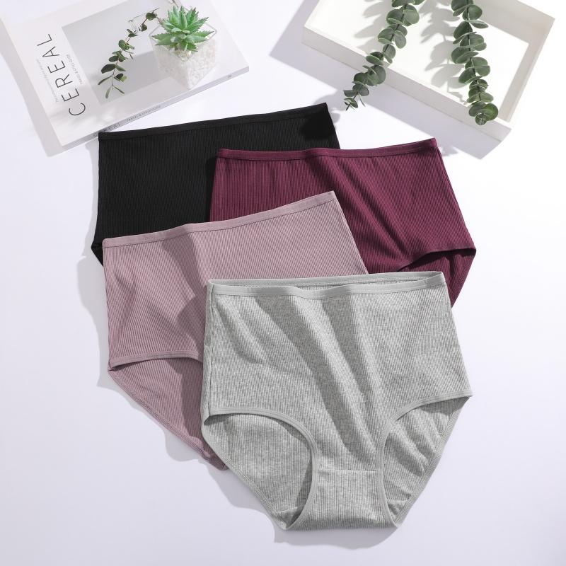 3Pcs Women Cotton High Waist Underwear Breathable Striped Panties Female Plus Size Solid Color Briefs Comfortable Lingerie S-XXL