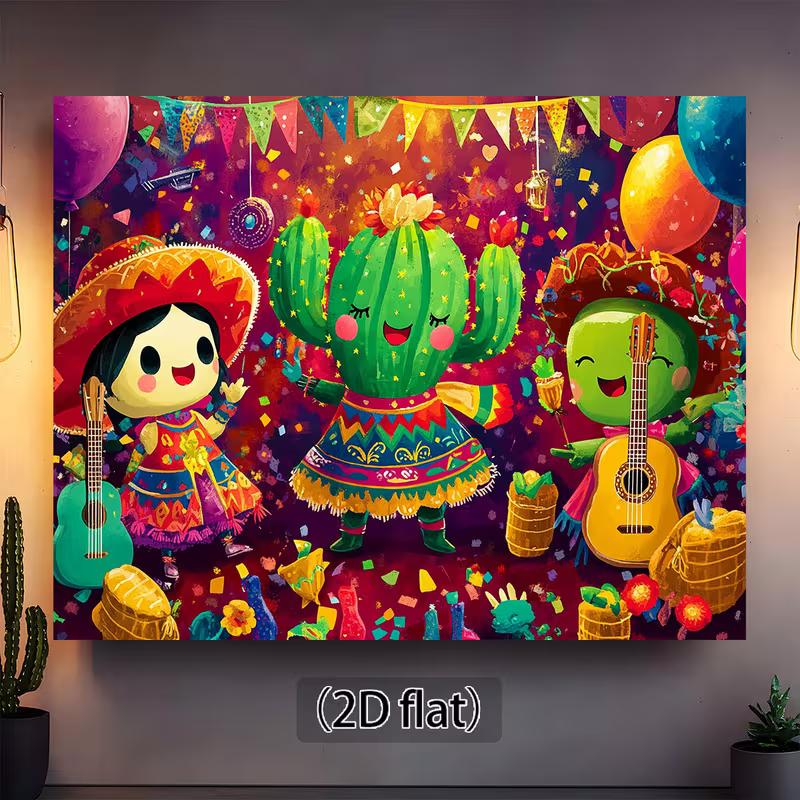 2D Mexican Fiesta Background, Dancing Cactus & Balloons Photo Booth Backdrop