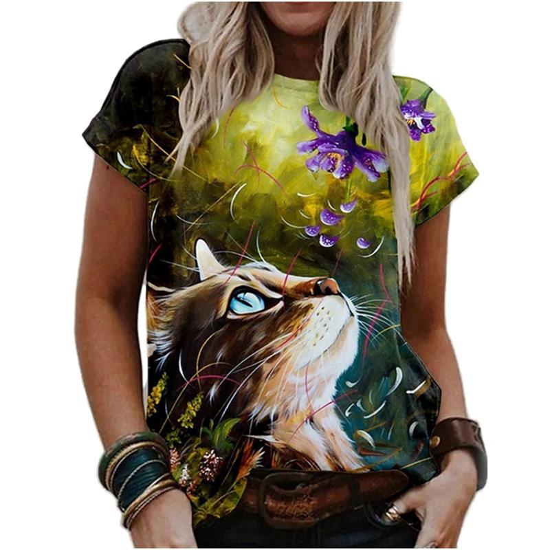 Animal Series Digital 3D Printed Men's Women's Short Sleeved T-shirt Cute Cat Round Neck Base Top