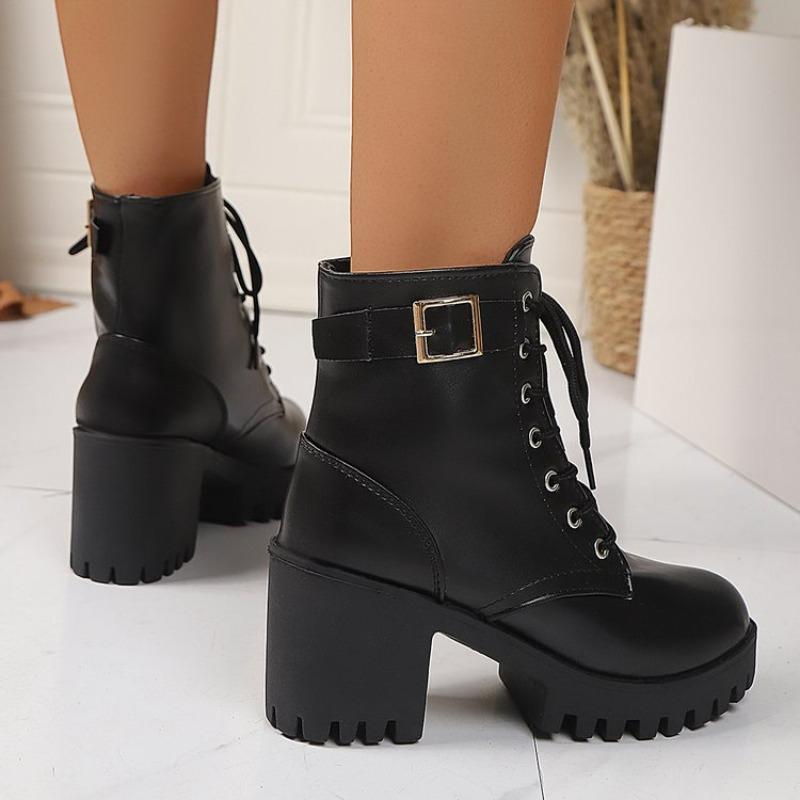 Size 42 large size thick heel leather boots women's new round head lace-up medium tube women's shoes fashionable versatile Martin boots