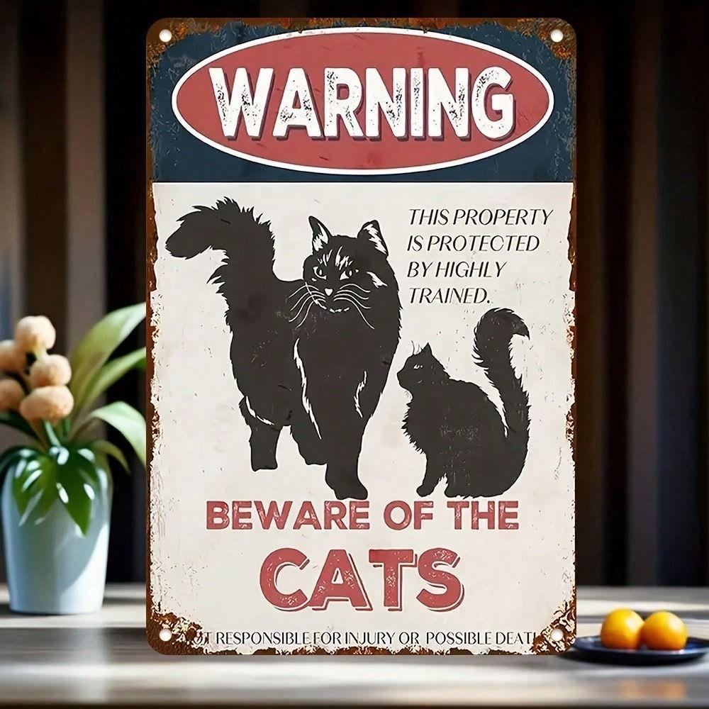 Vintage Metal Sign Wall Art, Tin Poster Beware of Cats for Cafe Pub Decor