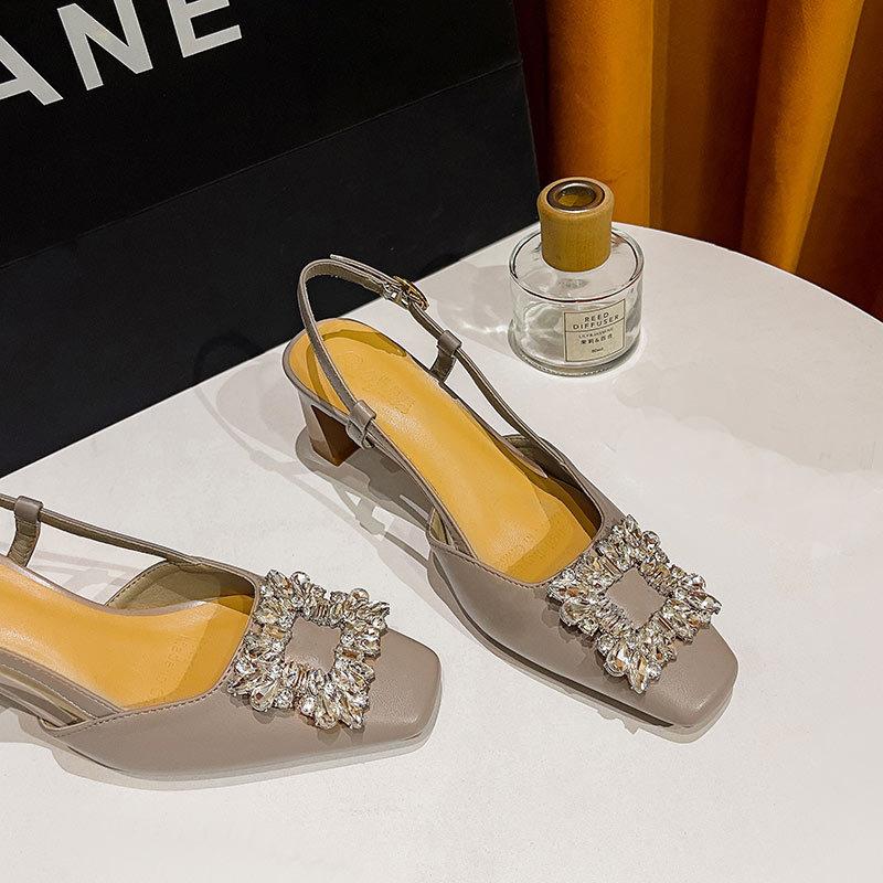 Baotou sandals women's 2025 new summer diamond buckle square head high heels French word with empty thick heel single shoes