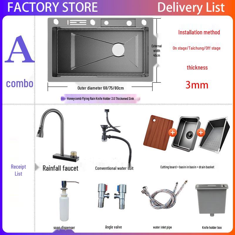 Stainless Steel Kitchen Sink with Large Single Bowl, Honeycomb Design, and Waterfall Knife Holder for Vegetable and Dish Washing