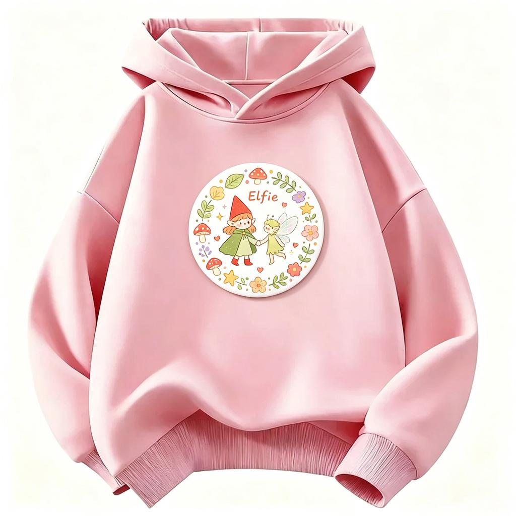 Kids Girls Hoodie Elfie Cartoon Super Elf & Winged Fairy Graphic Sweatshirt Floral Mushroom Circle Print  Casual Pullover Children Autumn Outfit