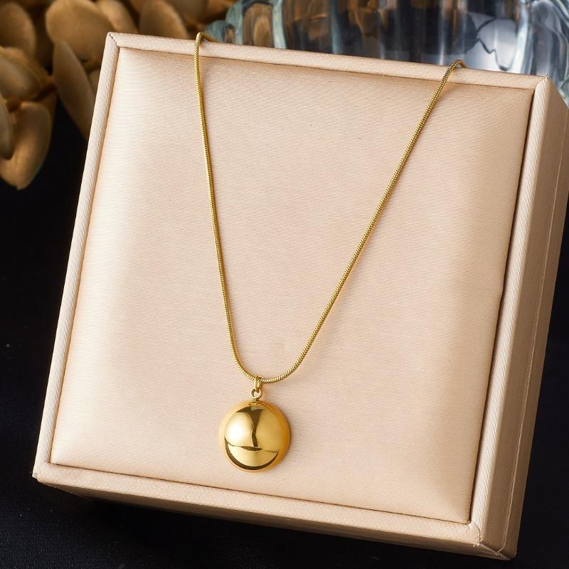 Gold Plated Stainless Steel Herringbone Chain Necklace with Round Dome Pendant for Women