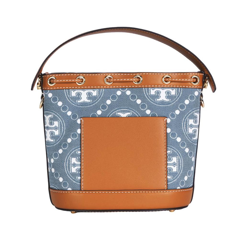 Tory Burch T Monogram Drawstring Logo Bucket Bag Women Handbags Brown Denim-Blue 159637-960