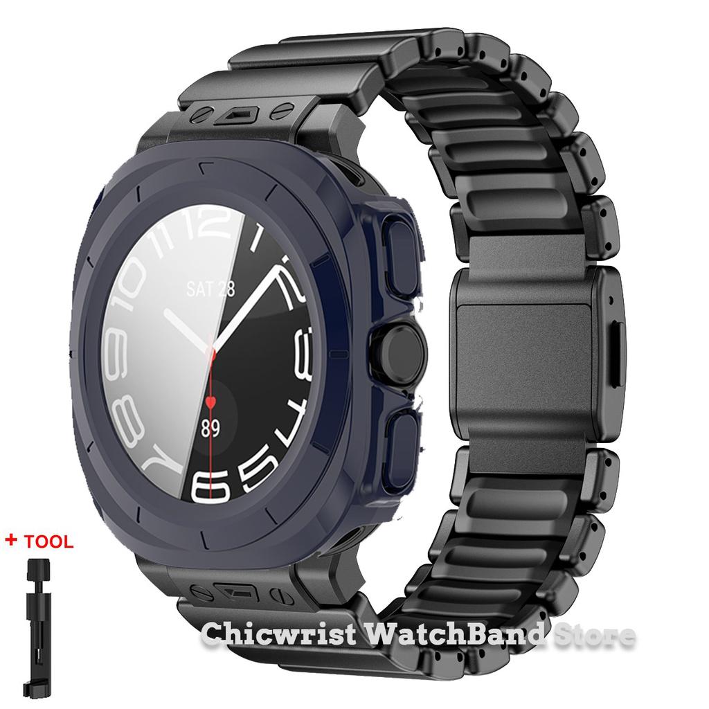 Armband+Hülle für Samsung Galaxy Watch Ultra 2025/7 ultra Edelstahl Gummiarmband Gehärtetes Glas Displayschutz Hülle aus Hart-PC