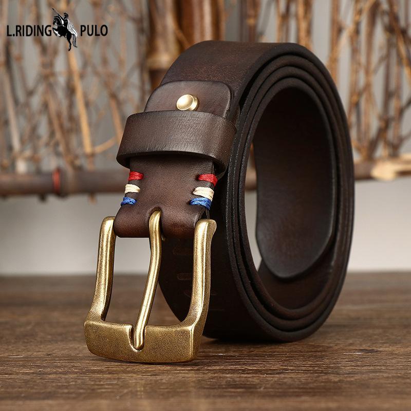 Belt Men's Retro Personalized Trendy Laser Engraving Genuine Cattlehide Leather Surface Brass Buckle Men's Jeans Belt Men's
