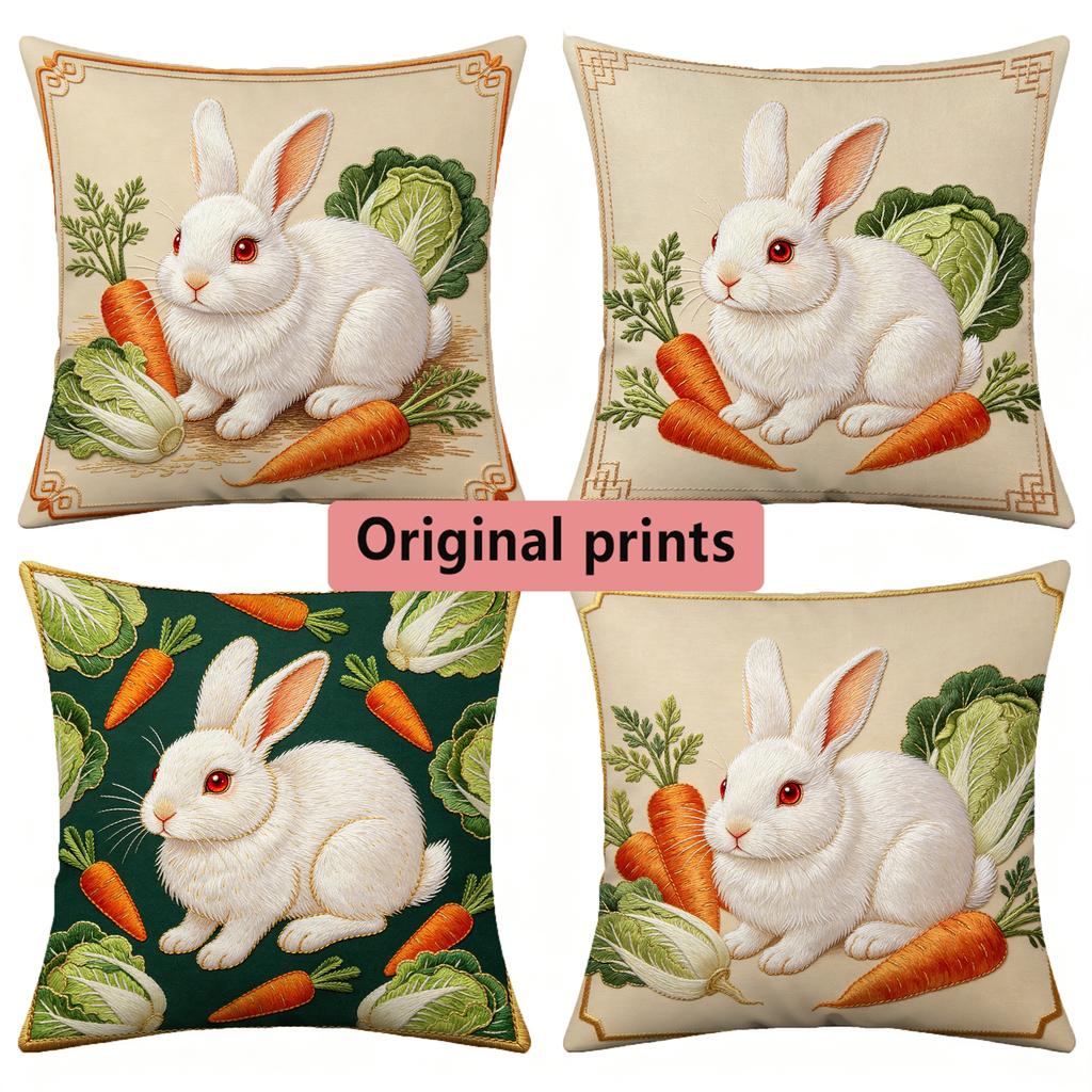 Cute Rabbit Carrot Cabbage Print Pillow Case Pattern Cushion Cover Suitable For Sofa Bedroom Car Pillow Cover