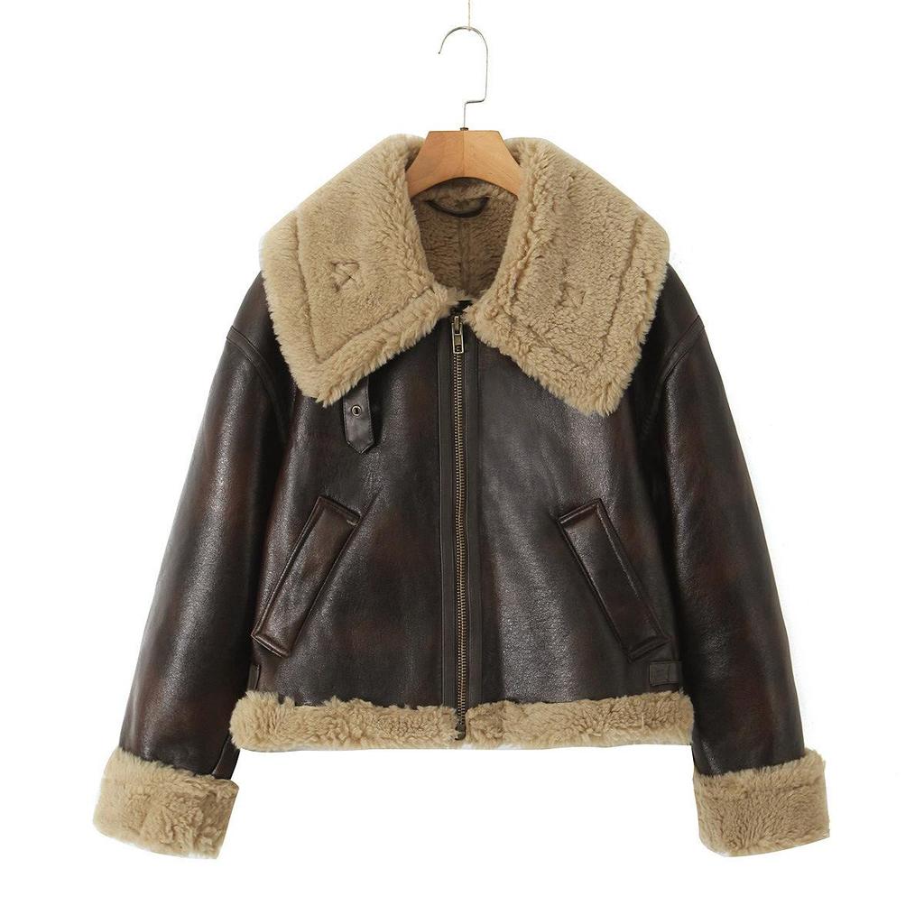 2025 Autumn Trendy PU Leather and Fur Loose Street Jacket