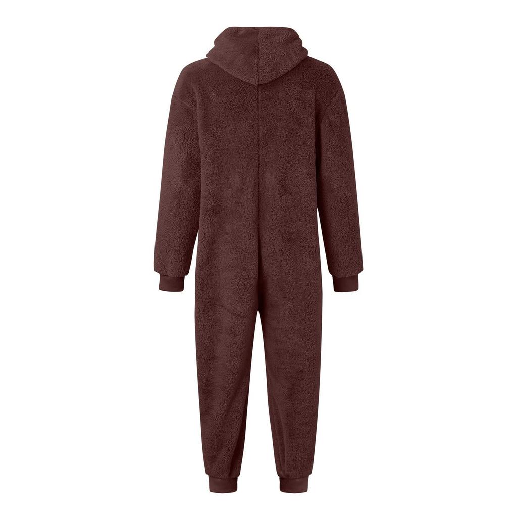 Men's Color Long Sleeve Hooded Pocket Zipper Plush Warm Jumpsuit Warm Pajamas