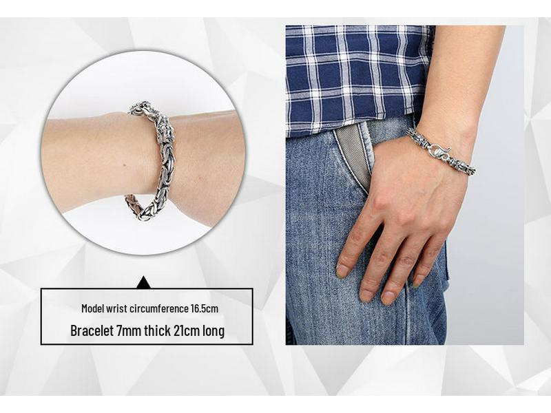 Men's Retro Thai Dragon Bracelet - Distressed Silver, Dragon Head & Bone Chain, Hip-Hop Style