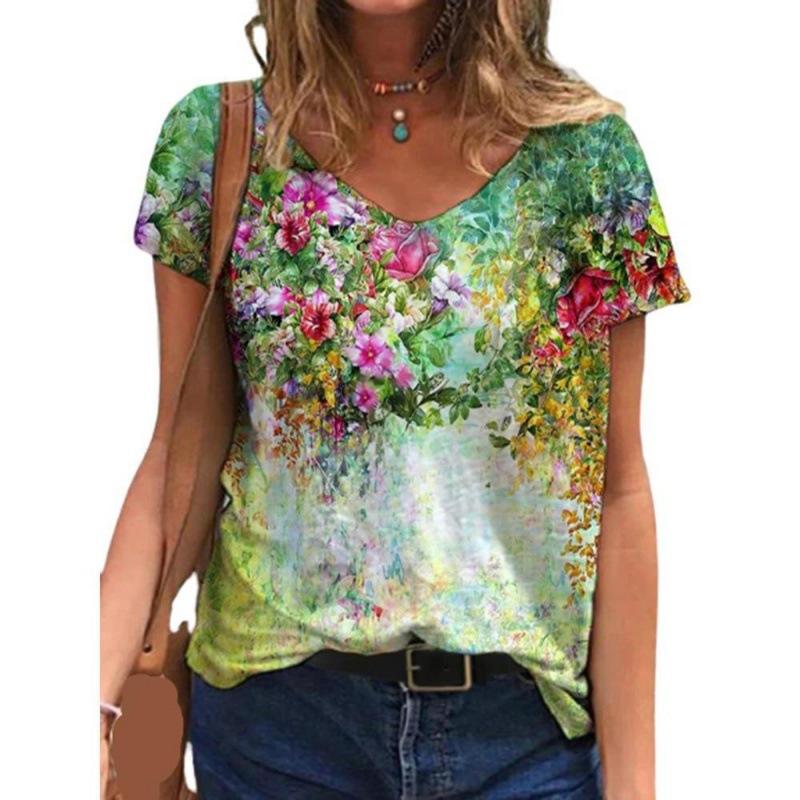 

Popular Women S Pullover V-Neck Digital Printed Top Summer Short Sleeve Loose Women S T-Shirt L