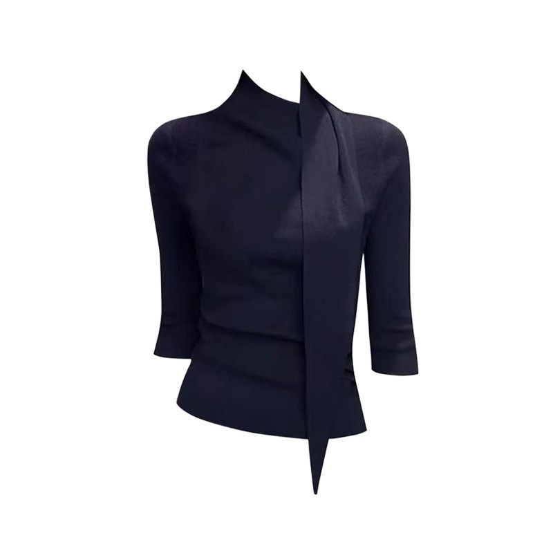 

Fashionable and Elegant Women s Spring/Summer Simple High-End Slim-Fit Versatile Solid Color Top with a Draped Collar and Half Sleeves Navy blue S