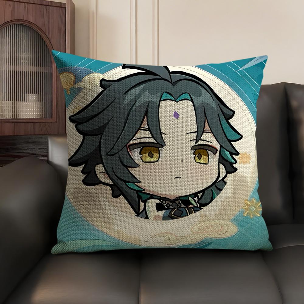 Xiao Cute Genshin Impact Cushion Cover Natural Linen Organic Fabric Double-Sided Printing Sofa Home Decor Gift Pillow Case