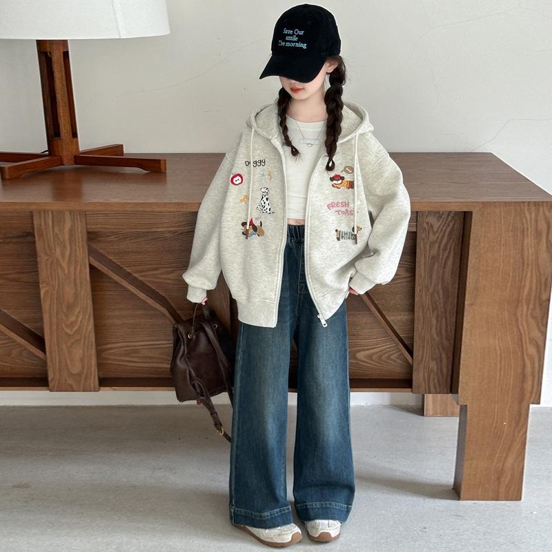 2025 Spring/Autumn Girls' Hoodie: Stylish Embroidered Cardigan for Big Kids