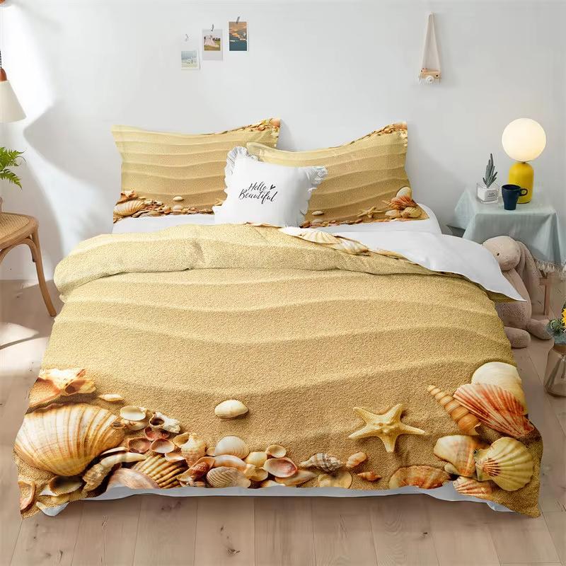 Beach Duvet Cover Set Seashell Starfish Bedding Set Microfiber Conch Scallop Print Comforter Cover Double Full For Kids Adults
