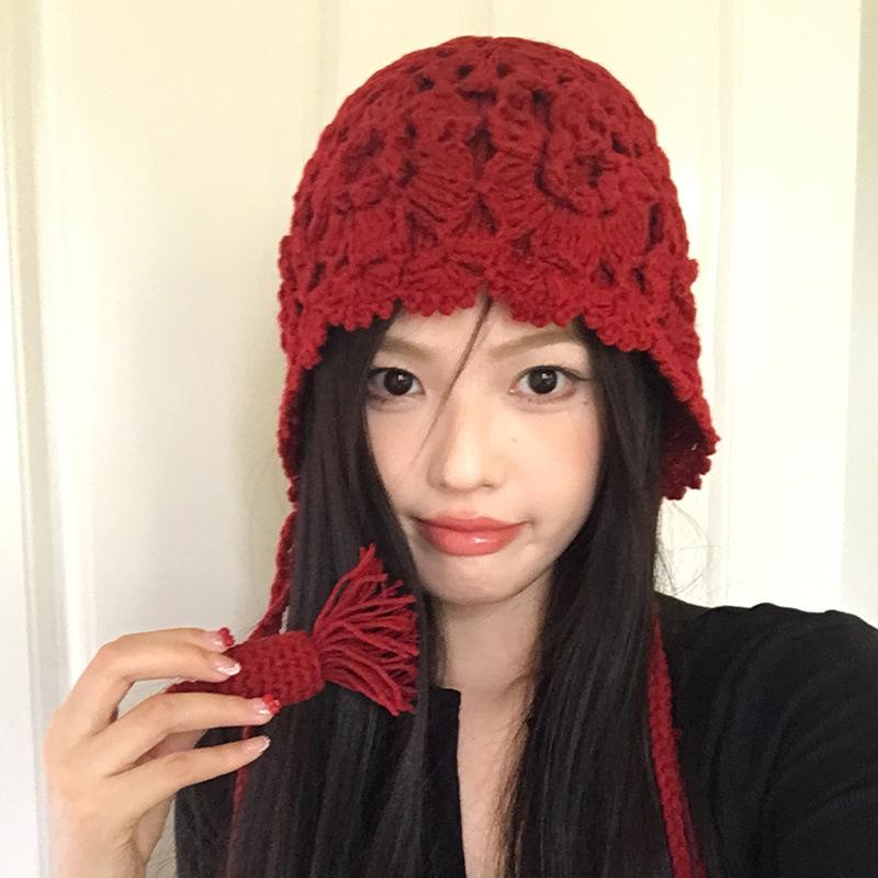 Autumn and Winter Crochet Bag Hat Women's Wheat Ear Fringed Knitted Hat Fashion Literary Pullover Hat Trendy Wool Hat