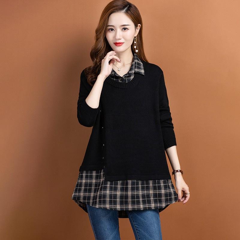 Frühling Herbst Gefälschte Zwei Stücke Pullover Mode Hemd Kragen Plaid Patchwork Gestrickte Pullover Tops Weibliche Pullover Mantel
