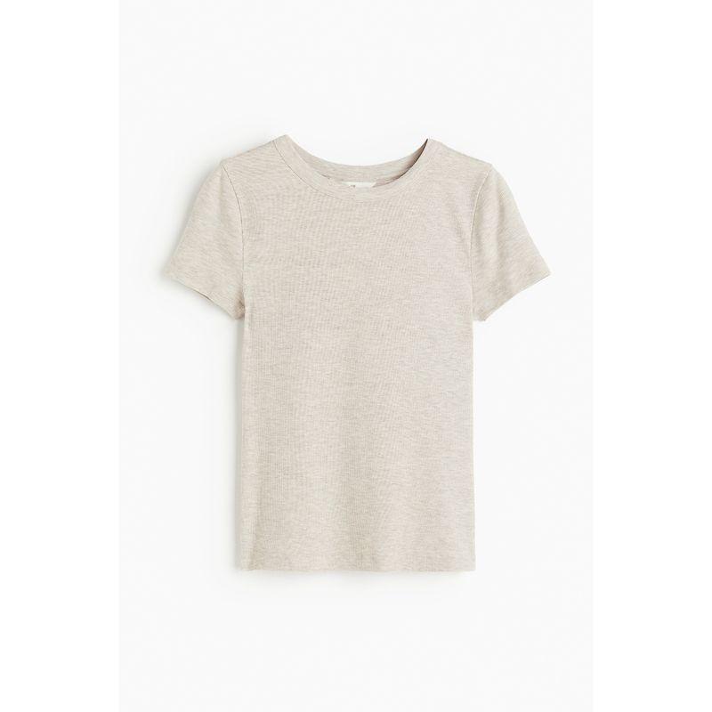 

HM Women s T-shirt 2024 Summer New Soft Plaid Silm Casual Straight round Neck Short Sleeve Tops 1157799 Mix light beige 018 155/80