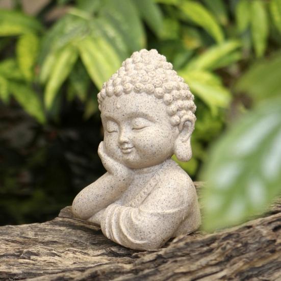 Mini Buddha Figurine Handcrafted Sandstone Resin Zen Statue Decorative Meditation Sculpture Feng Shui Ornament for Home Office Desk Car Dashboard