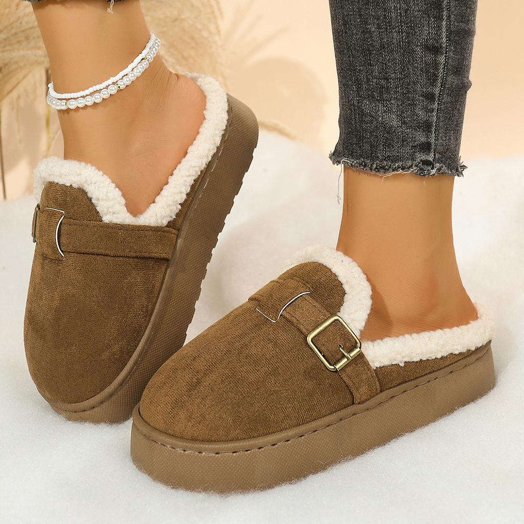 Fashion Warm Short Plush Mules Slippers Women 2025 Winter Soft Thick Bottom Fluffy Fur Casual Shoes Metal Buckle Corduroy Home Slippers