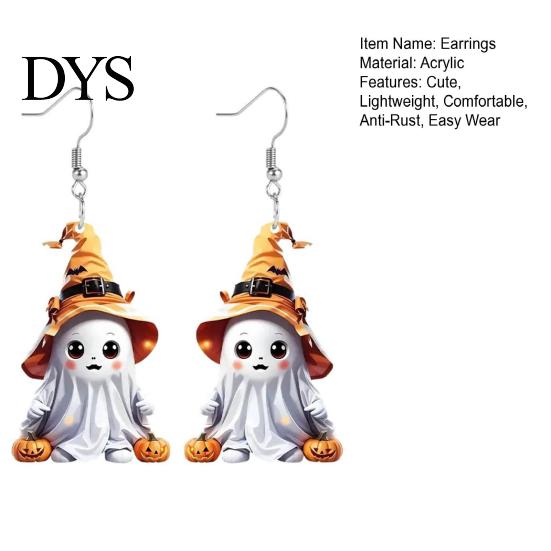 Smooth Polished Ear Pins 1 Pair Halloween Cute Ghost Earrings, Acrylic Dangle Earrings with Witch Durable Festive Hat Pumpkin Bat, Anti-Rust