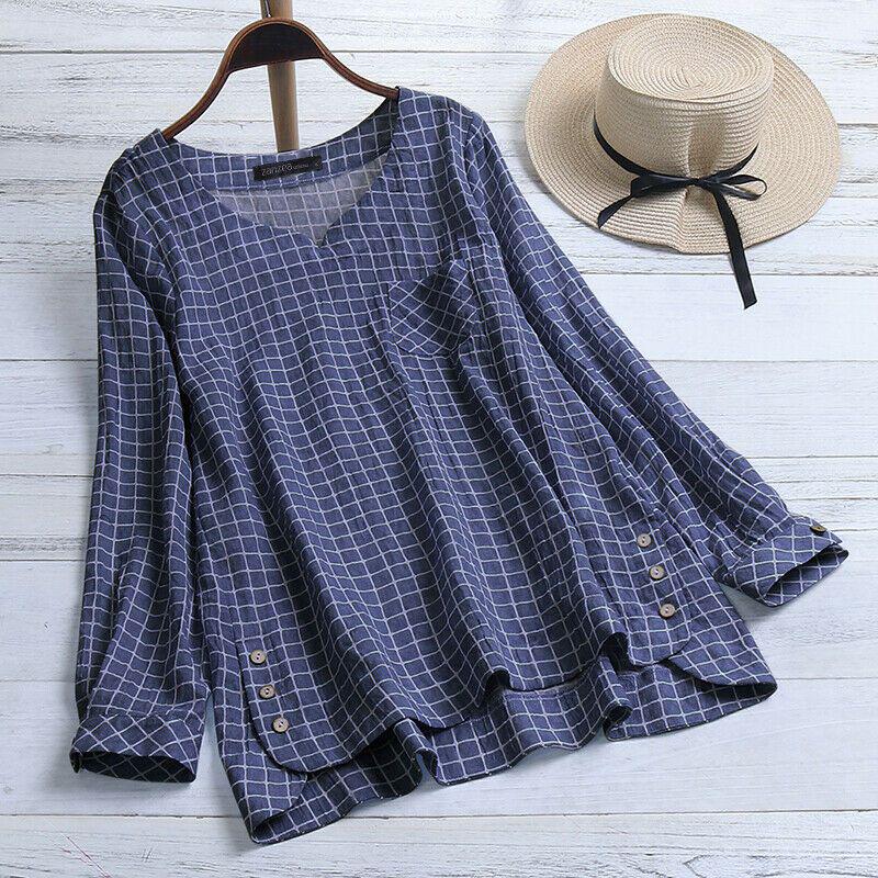 Women's Long Sleeve Plaid Check Shirt Tops V Neck Casual Asym Hem Blouse For Everyday Elegance