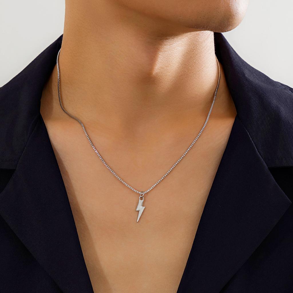 KunJoe Punk Metal Geometry Lightning Pendant Necklace for Men Simple Silver Color Box Chain Choker Necklace Hip Hop