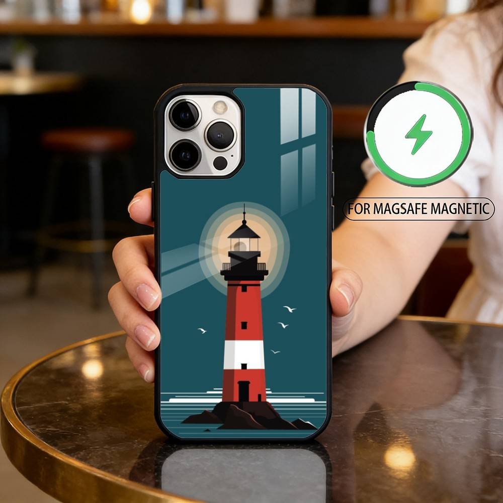 Cartoon Art Lighthouse Magnetic For Magsafe Wireless Charging Phone Case For iPhone17,16,15,14,13,12,11 Plus,Pro Max