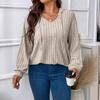 Plus Size Women Ribbed Knit Hooded Top V Neck Drawstring Long Sleeve Loose Casual T Shirt Fall Winter Basic Blouse